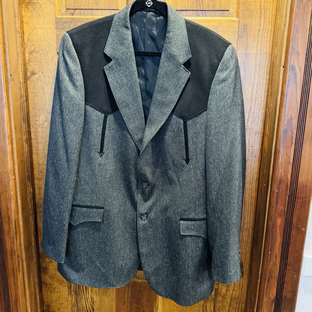 Circle S Blazer Mens 46L Gray Western Sport Coat Jacket Black Yoke Cowboy